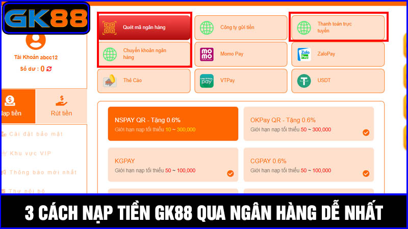 nạp tiền GK88 qua ngân hàng