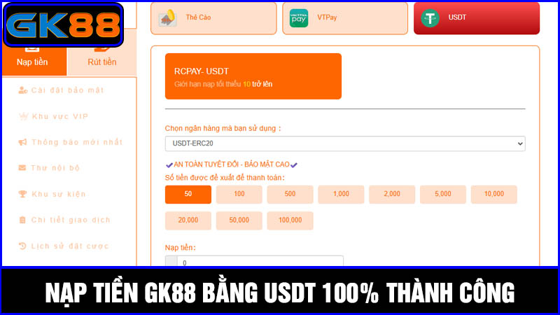 nạp tiền GK88 bằng USDT
